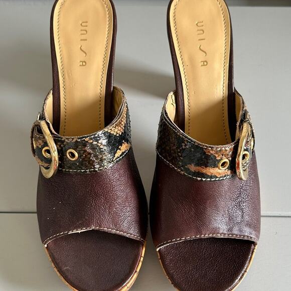 Unisa Leather Cork Heel Sandals Snake Print Buckle Open Toe Slip-On Size 10B - Picture 10 of 15